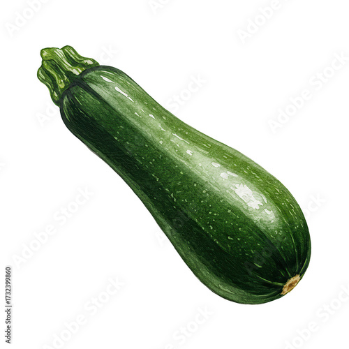 Watercolor illustration of a fresh, green zucchini vegetable with detailed texture isolated on white background