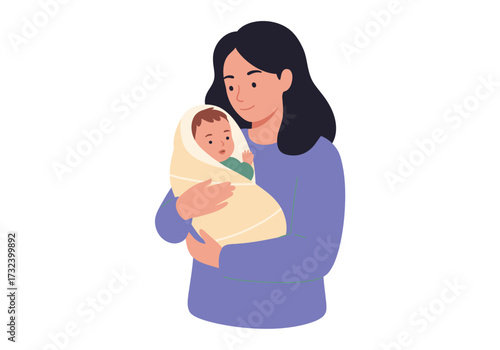 Woman in blue holding swaddled baby