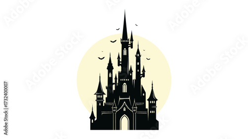 Castle Silhouette in the Moonlight: An enchanting castle silhouette, standing tall against a luminous full moon in a mesmerizing grayscale composition, symbolizing timeless elegance and mystery.