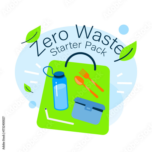 illustration of Zero Waste Starter Pack including reusable bag, water bottle, straw, lunch box, and eco friendly cutlery set. sustainable lifestyle, zero waste habit, eco campaign, plastic free