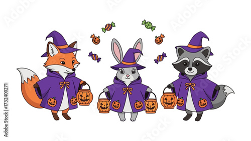 Festive Fauna Halloween Gathering: A charming illustration capturing a playful gathering of woodland creatures—a fox, a rabbit, and a raccoon, all dressed in witch costumes, and a Halloween candies!