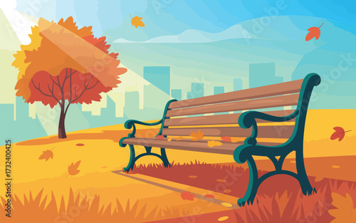 Autumn park bench with falling leaves and distant city skyline