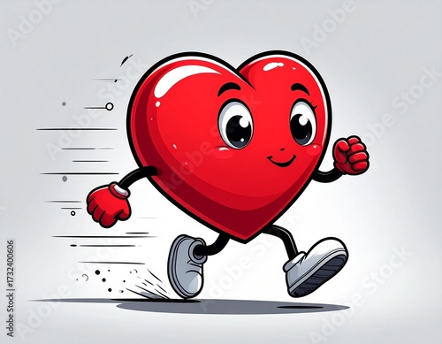 A cartoon heart character with a cheerful expression is running with speed lines.