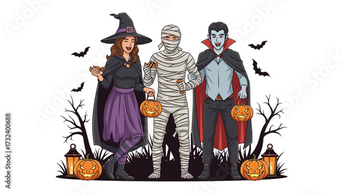 Halloween Trio of Enchantment: A festive Halloween composition features a whimsical witch, a wrapped mummy, and a dapper vampire, all joyfully trick-or-treating.
