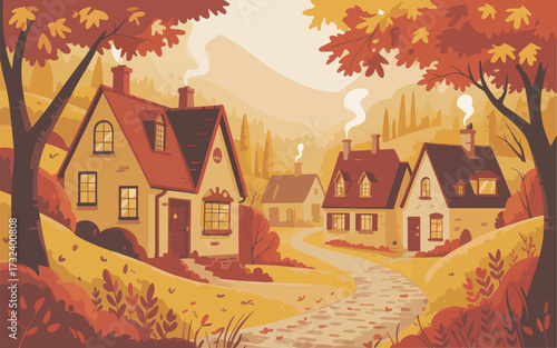 Autumn village scene with houses and smoking chimneys