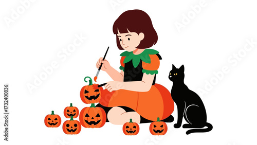 Halloween Pumpkin Carving: A young girl with a cat create and paint Halloween pumpkins in this charming, vibrant scene filled with the spirit of the season.