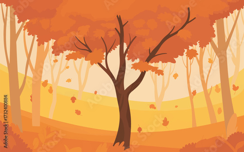 Autumn forest with falling leaves and warm orange hues