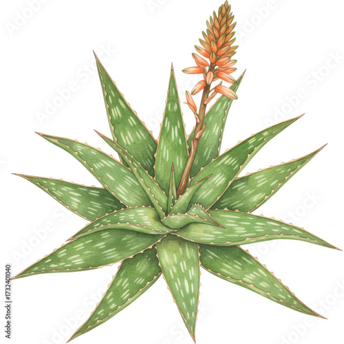 Watercolor aloe vera plant with orange flower spike, detailed botanical illustration isolated on white background