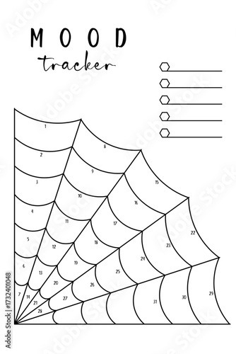 Minimalist mood tracker with corner spider web design and 31 numbered sections, isolated on a transparent background. Black and white printable template for bullet journal, diary, or planner insert