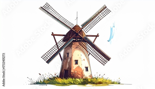 A vector drawing of a windmill with rotating blades flat eco style isolated on white background
