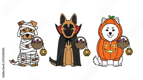 Halloween Dogs Parade: Captivating illustration of three canine companions adorned in festive Halloween costumes, ready for a night of trick-or-treating.