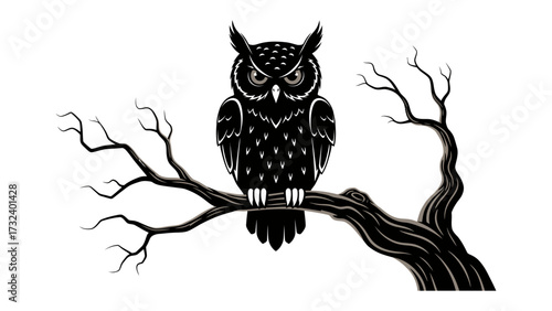 Wise Owl Perched: A stoic owl sits majestically on a gnarled branch, its piercing eyes fixed forward.