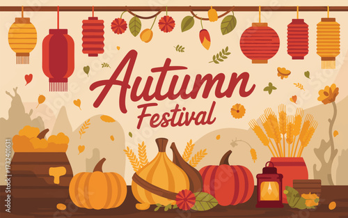 Autumn festival with pumpkins lanterns and wheat harvest