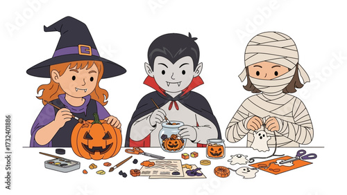Halloween Craft Time: An illustration of three children, dressed as a witch, a vampire, and a mummy, engrossed in Halloween crafts. Creating, and celebrating Halloween joy 