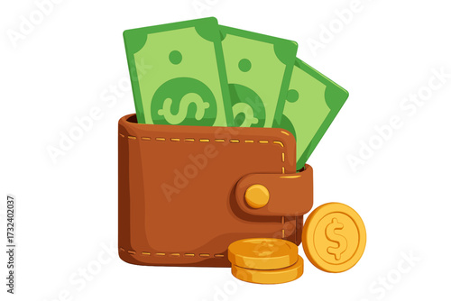 3D wallet with cash dollar banknotes and gold coins. Money saving and financial investment concept. Business economy and banking icon. Online payment, cashback and income.