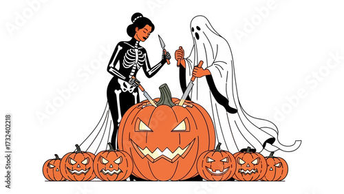 Carving Halloween Pumpkins: A festive Halloween scene unfolds as a skeleton and ghost collaborate to carve a grinning pumpkin, surrounded by other jack-o'-lanterns.