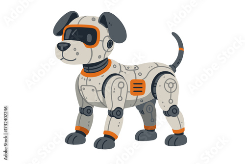AI dog robot with detailed mechanism. Robotic electronic pet concept. Cute robot puppy illustration and modern kids toy. Symbol of digital technology and artificial intelligence.