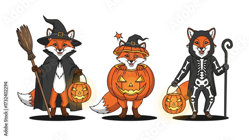 Halloween Fox Collection: Adorable cartoon foxes in creative Halloween costumes are showcased in a charming illustration, each embracing the spirit of the spooky season.