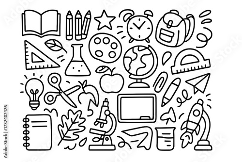 Back to school doodle pattern. Hand drawn education learning icons background. Science, study, knowledge concept. Vector line art illustration set with book, rocket, globe.