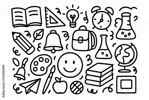 Vector set of back to school doodle icons. Hand drawn outline illustration for education and learning concepts. School supplies clipart pattern with book, globe, and pencil.