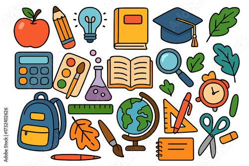 Back to school doodle set. Collection of colorful cartoon school supplies and educational elements. Cute stationery icons for kids learning, study, and knowledge concept vector.