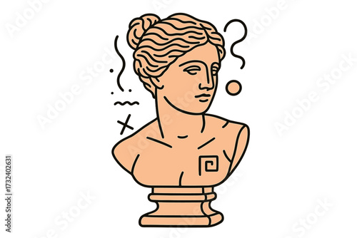 Modern vector line art of a classical Greek goddess bust. Aesthetic antique sculpture illustration with abstract shapes. Ancient Roman statue for philosophy or history concept.