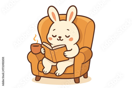 Cute bunny reading a book in a cozy armchair with tea. Relaxing hobby concept. Adorable rabbit cartoon character. Vector flat illustration for children's story, hygge lifestyle.