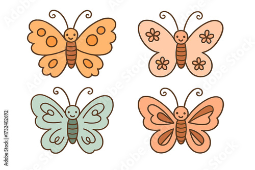Cute decorative butterfly clipart set. Whimsical hand drawn insects in a naive childish style. Simple linear vector illustration for modern kids graphic design and baby nursery.