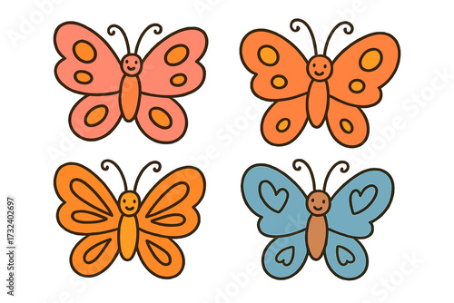 Cute decorative butterfly clipart set. Hand drawn linear naive childish style vector illustration. Summer whimsy bug for modern kid graphic design, doodle insect collection.