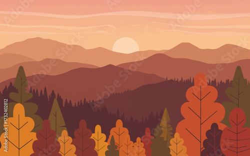 Autumn mountain landscape with stylized trees and sunset