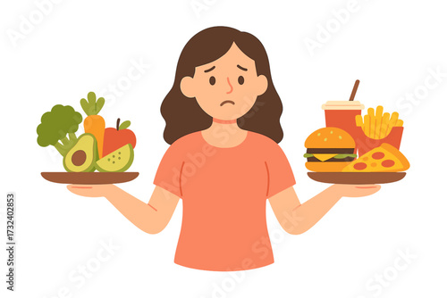 Woman choosing between healthy and unhealthy food. Concept of diet, nutrition, and lifestyle choice. Vector of girl with fruits, vegetables vs fast food, burger, and pizza.