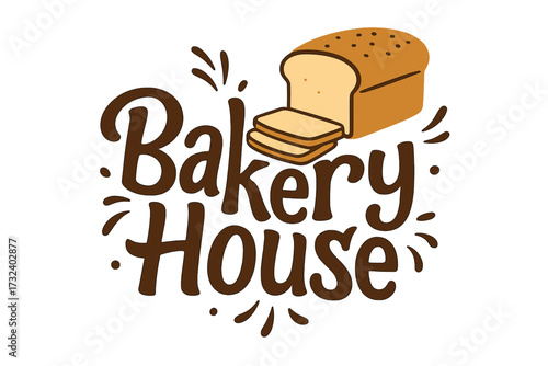 Bakery House logo concept with sliced bread loaf. Hand drawn lettering typography for a bakehouse. Vector cartoon illustration emblem for fresh baked goods, cafe menu, or bread shop.