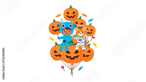 Halloween Adventure: A whimsical scene unfolds as two costumed figures float among grinning pumpkins, a playful tribute to the spooky season. 