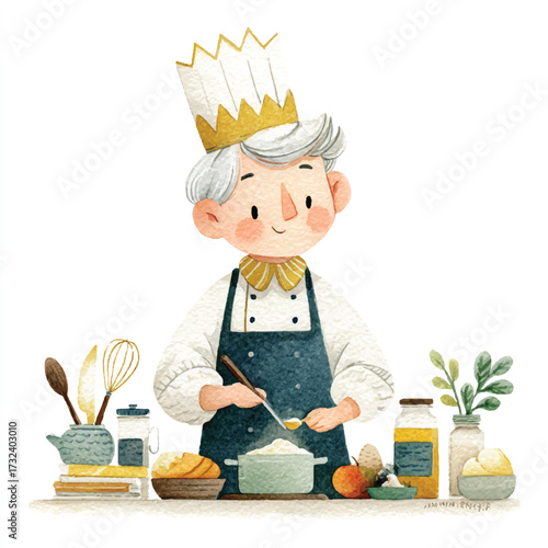 Chef with tall hat cooking in a kitchen.