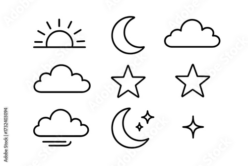 Weather line icon set. Simple doodle collection of sun, moon, stars, and clouds. Day and night sky symbols for forecast. Minimalist black outline pictogram vector pack.