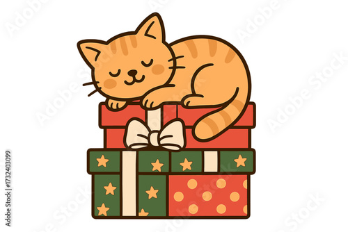 Cute cat sleeping on Christmas presents. Ginger kitten napping on gift box pile. Winter holidays, New Year, Xmas greeting card design. Adorable pet animal vector character clipart.