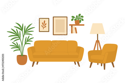 Living room interior with mid-century modern furniture. Scandinavian hygge style home decor with yellow sofa, armchair, plants. Minimalist cozy living space concept. Flat vector.