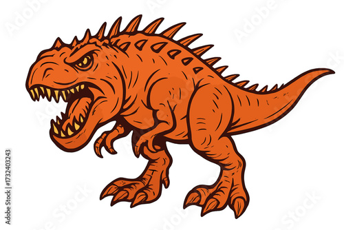 Angry T-rex dinosaur roaring. Fierce fantasy monster with spikes for a sports mascot or logo. Vector illustration of a prehistoric wild animal. Cartoon tyrannosaurus character.