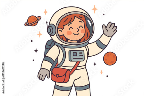 Cute woman astronaut as a space tourist exploring the galaxy. Vector concept for 'I need some space' pun. Character illustration for t-shirt print, poster, or card design.