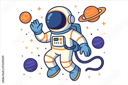 Cute cartoon astronaut in spacesuit exploring outer space. Comic cosmonaut character doing spacewalk in galaxy. Vector illustration for kids. Spaceman floating among planets.