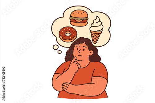 Fat woman thinking about unhealthy food. Overweight person choice. You are what you eat. Diet decision concept. Unhealthy lifestyle. Burger, donut, ice cream temptation vector.