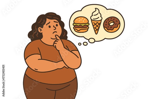 Fat woman thinking about unhealthy food. Overweight girl craving junk food like burgers, donuts, ice cream. Concept of diet temptation, bad nutrition, and obesity problems.