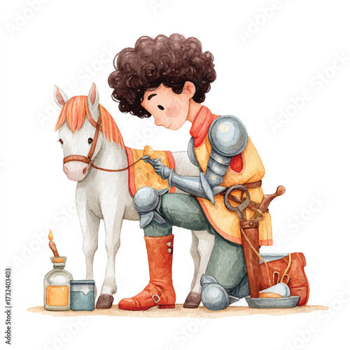 Chivalrous Young Squire Tending to His Horse Companion.