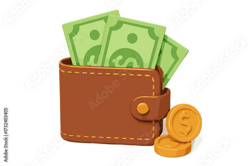 3D wallet with money icon. Cash and coins. Financial concept of savings, income, budget, and investment. Business and economy. Payment and currency symbol. Vector illustration.