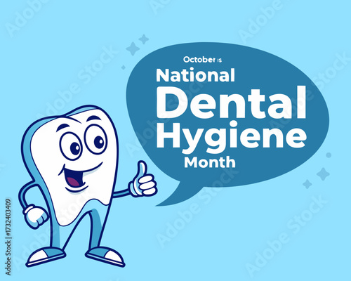Cartoon Tooth Character Celebrates National Dental Hygiene Month in October with a Thumbs Up on a Light Blue Background