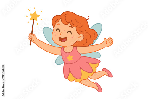 Cartoon fairy girl with magic wand flying and smiling. Cute ginger child in a pink fantasy outfit with wings. Adorable little pixie princess character ready to cast a spell.