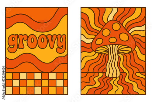 Groovy poster set with trippy mushroom and retro slogan. Psychedelic 70s style graphic with wavy lines and checkered pattern. Abstract hippie art for print and decor.