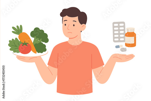 Man choosing between medicine pills and natural healthy food. Making a decision between organic nutrition and medical tablets. Vegetables vs pharmacy drugs and supplements concept.
