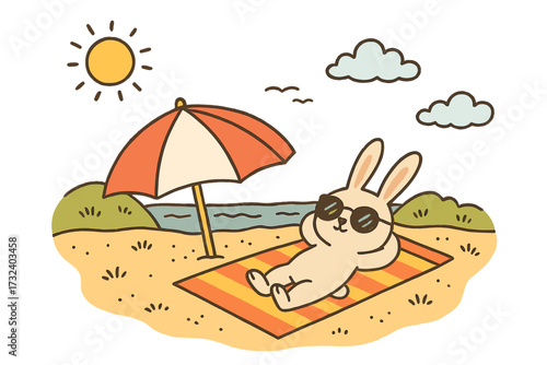 Cute bunny on summer vacation. Cartoon rabbit in sunglasses sunbathing on the beach. Happy animal character relaxing on sand under parasol. Hand drawn flat vector illustration.