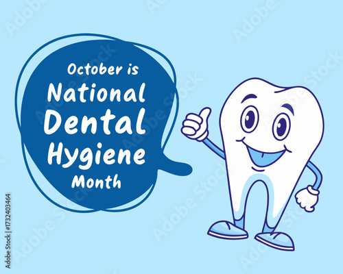 Cartoon Tooth Character Celebrates National Dental Hygiene Month in October with a Thumbs Up on a Light Blue Background